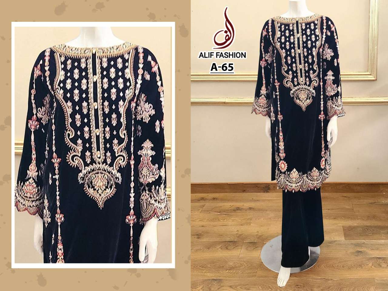 ALIF HIT DESIGN A-65 BY ALIF FASHION BEAUTIFUL PAKISTANI SUITS COLORFUL STYLISH FANCY CASUAL WEAR & ETHNIC WEAR PURE SOFT VELVET EMBROIDERED DRESSES AT WHOLESALE PRICE