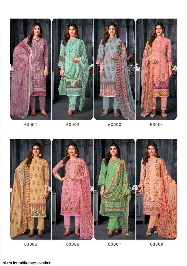 RABIA BY SKT SUITS 63001 TO 63008 SERIES BEAUTIFUL STYLISH SUITS FANCY COLORFUL CASUAL WEAR & ETHNIC WEAR & READY TO WEAR PURE CAMBRIC PRINTED DRESSES AT WHOLESALE PRICE