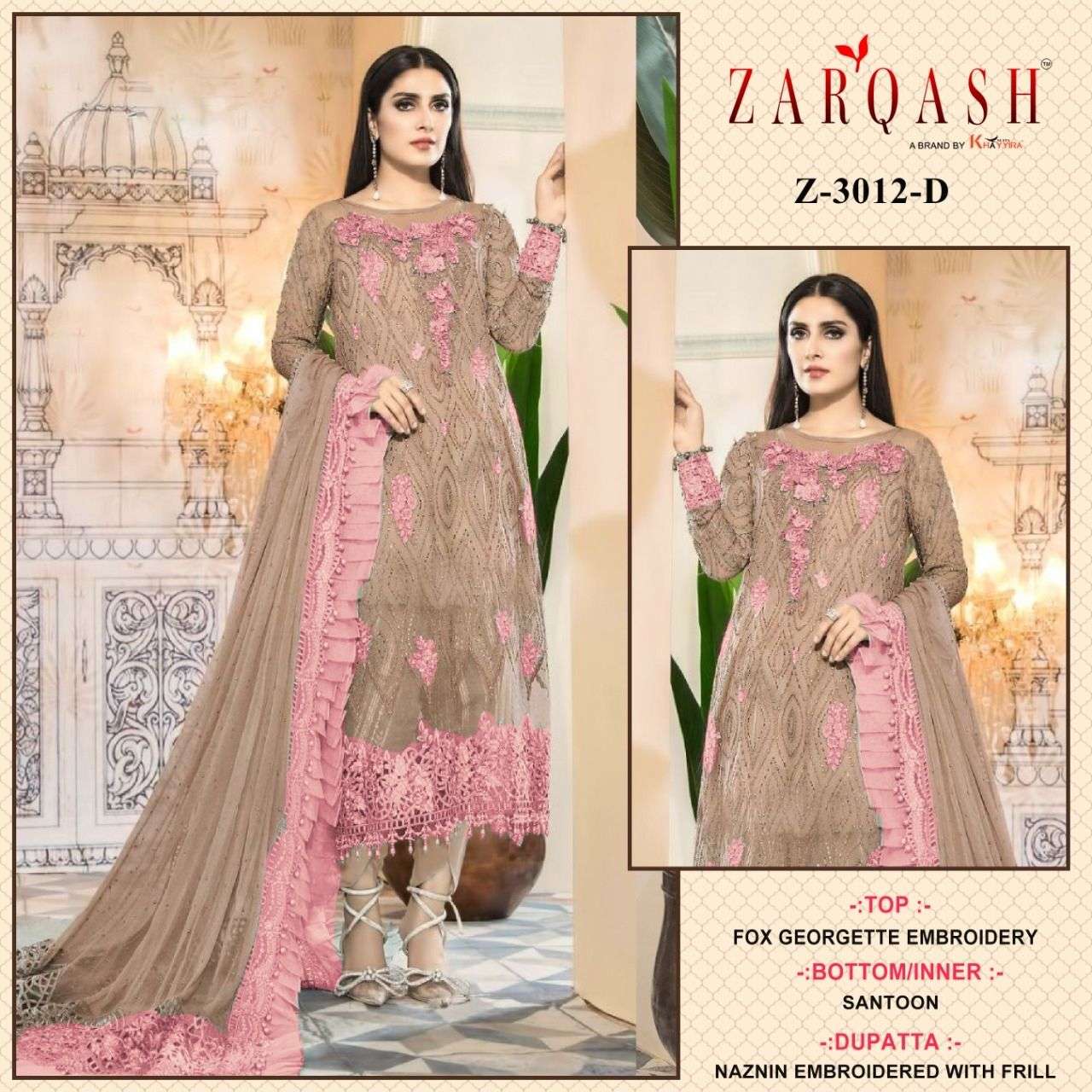 Zarqash Hit Design 3012 Colours By Zarqash 3012-A To 3012-D Series Designer Pakistani Suits Beautiful Fancy Colorful Stylish Party Wear & Occasional Wear Faux Georgette Dresses At Wholesale Price