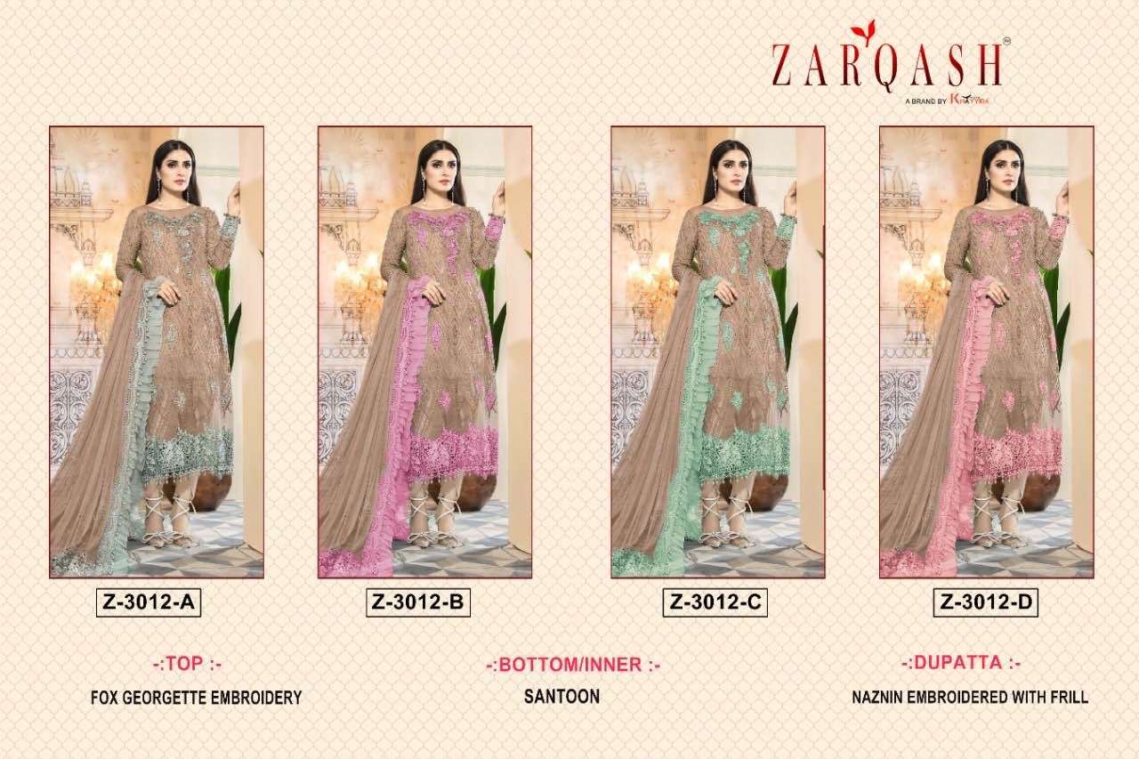 Zarqash Hit Design 3012 Colours By Zarqash 3012-A To 3012-D Series Designer Pakistani Suits Beautiful Fancy Colorful Stylish Party Wear & Occasional Wear Faux Georgette Dresses At Wholesale Price