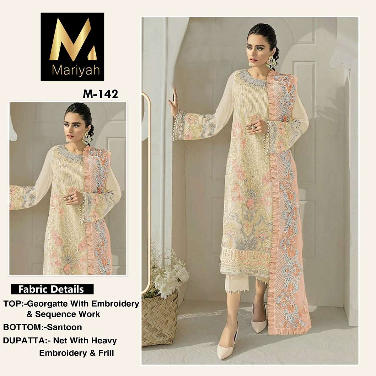 MARIYAH HIT DESIGN M-142 BY MARIYAH PAKISTANI SUITS BEAUTIFUL FANCY COLORFUL STYLISH PARTY WEAR & OCCASIONAL WEAR GEORGETTE EMBROIDERY DRESSES AT WHOLESALE PRICE