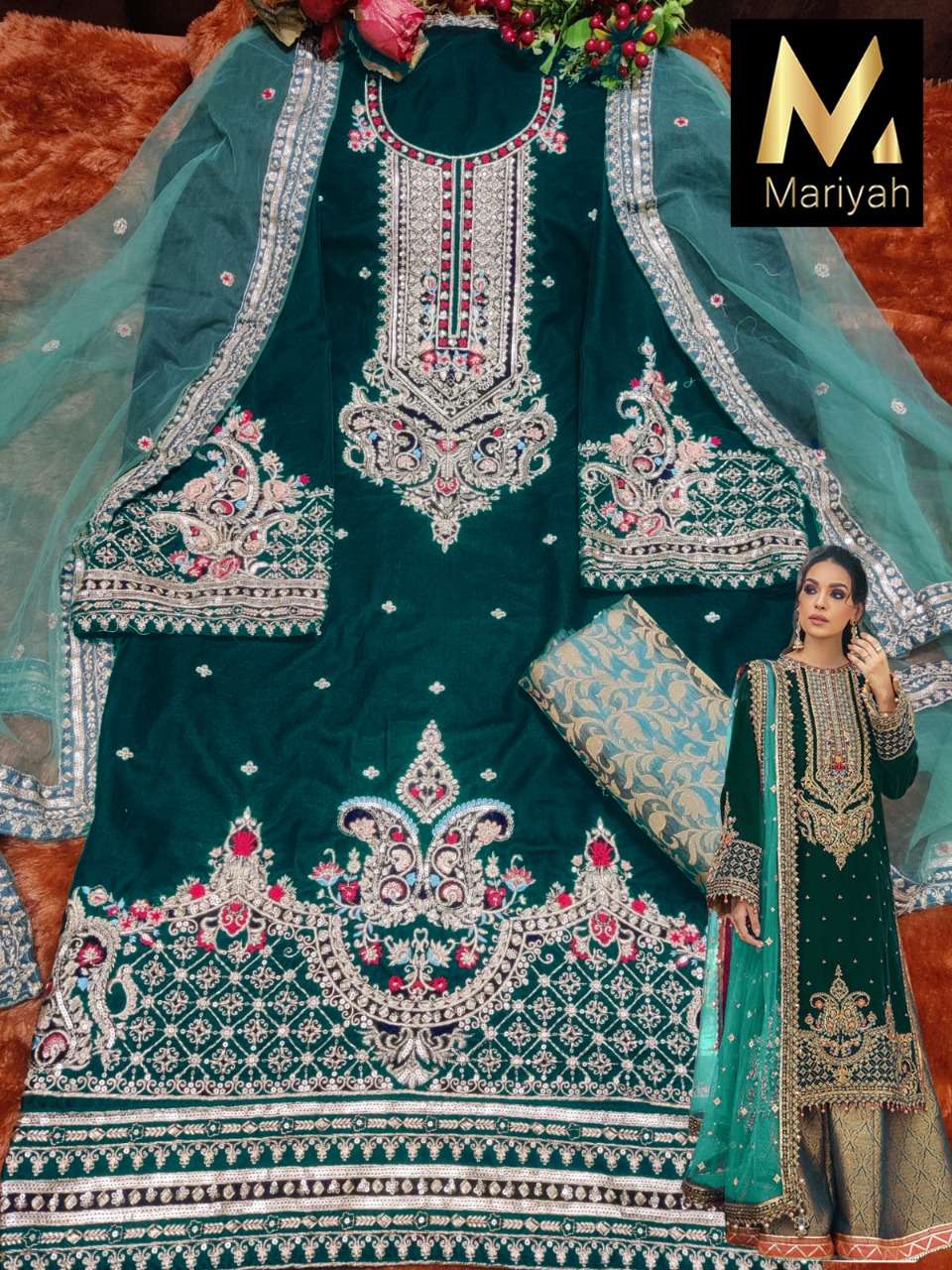 MARIYAH HIT DESIGN M-141 BY MARIYAH PAKISTANI SUITS BEAUTIFUL FANCY COLORFUL STYLISH PARTY WEAR & OCCASIONAL WEAR VELVET EMBROIDERY DRESSES AT WHOLESALE PRICE