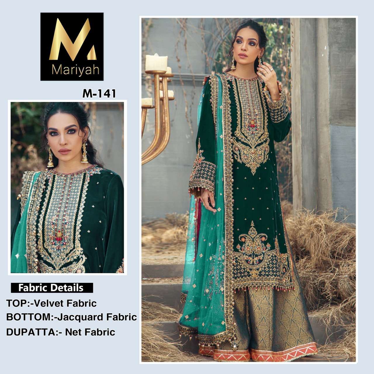 MARIYAH HIT DESIGN M-141 BY MARIYAH PAKISTANI SUITS BEAUTIFUL FANCY COLORFUL STYLISH PARTY WEAR & OCCASIONAL WEAR VELVET EMBROIDERY DRESSES AT WHOLESALE PRICE