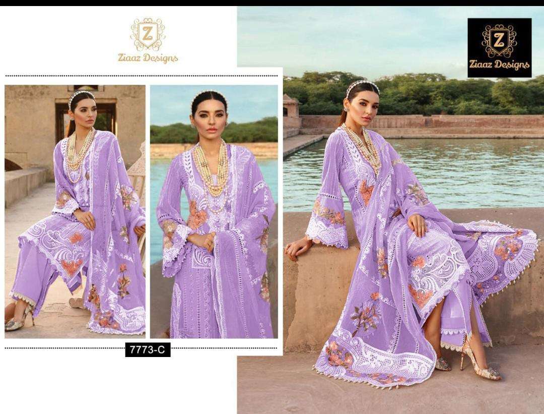 PURPLE 7773-C BY ZIAAZ DESIGNS BEAUTIFUL PAKISTANI SUITS COLORFUL STYLISH FANCY CASUAL WEAR & ETHNIC WEAR CAMBRIC COTTON DRESSES AT WHOLESALE PRICE