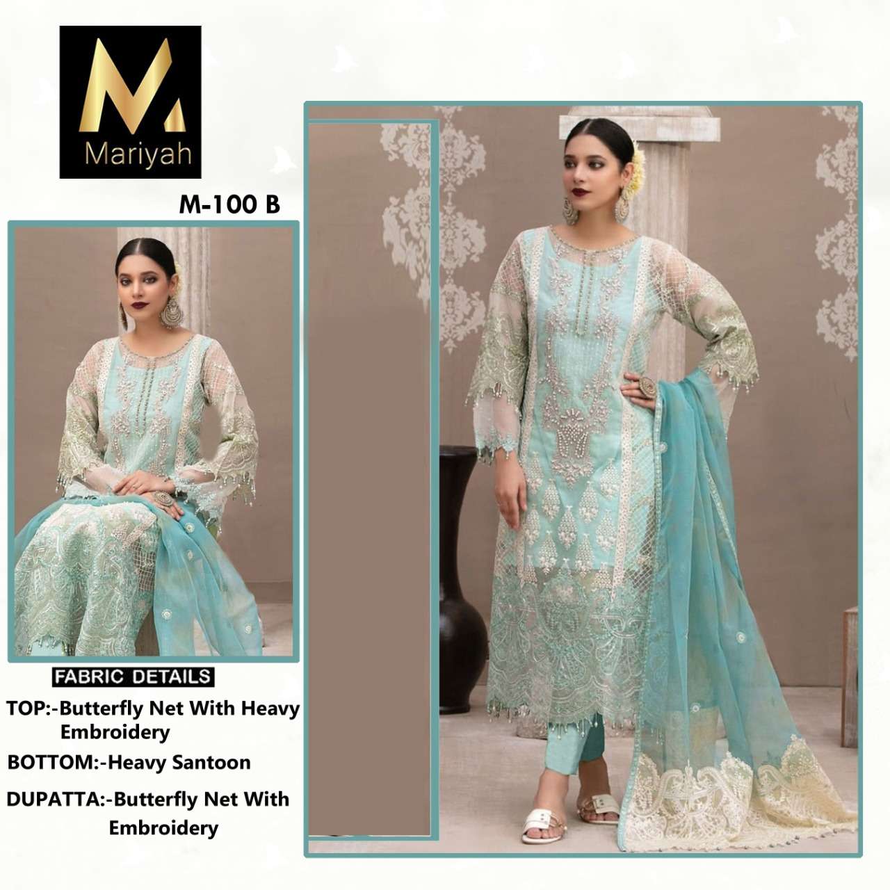 MARIYAH HIT DESIGN M-100 COLOURS BY MARIYAH M-100-A TO M-100-B SERIES PAKISTANI SUITS BEAUTIFUL FANCY COLORFUL STYLISH PARTY WEAR & OCCASIONAL WEAR NET EMBROIDERY DRESSES AT WHOLESALE PRICE