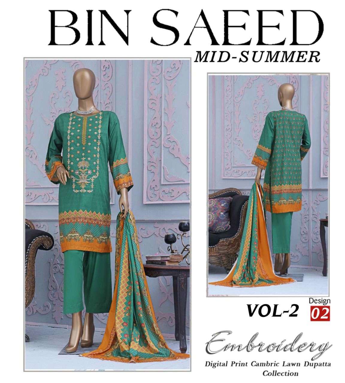 MID SUMMER VOL-2 BY BIN SAEED 01 TO 12 SERIES PAKISTANI SUITS BEAUTIFUL FANCY COLORFUL STYLISH PARTY WEAR & OCCASIONAL WEAR PURE CAMBRIC LAWN PRINT DRESSES AT WHOLESALE PRICE