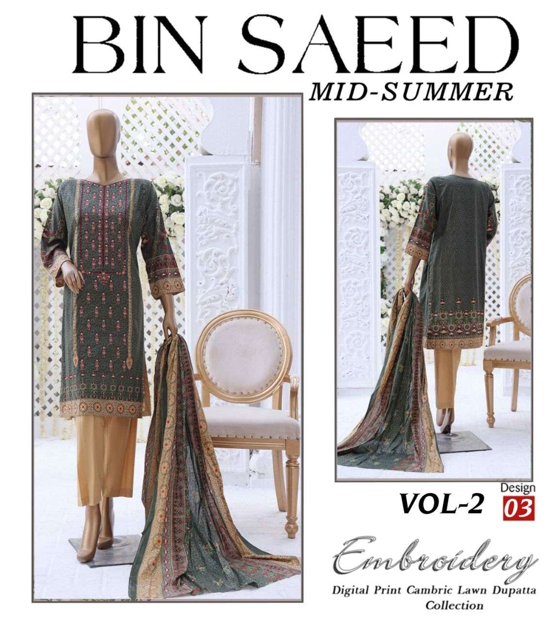 MID SUMMER VOL-2 BY BIN SAEED 01 TO 12 SERIES PAKISTANI SUITS BEAUTIFUL FANCY COLORFUL STYLISH PARTY WEAR & OCCASIONAL WEAR PURE CAMBRIC LAWN PRINT DRESSES AT WHOLESALE PRICE