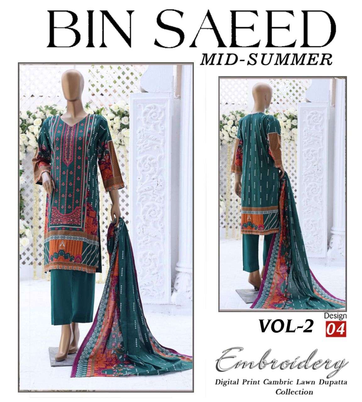 MID SUMMER VOL-2 BY BIN SAEED 01 TO 12 SERIES PAKISTANI SUITS BEAUTIFUL FANCY COLORFUL STYLISH PARTY WEAR & OCCASIONAL WEAR PURE CAMBRIC LAWN PRINT DRESSES AT WHOLESALE PRICE
