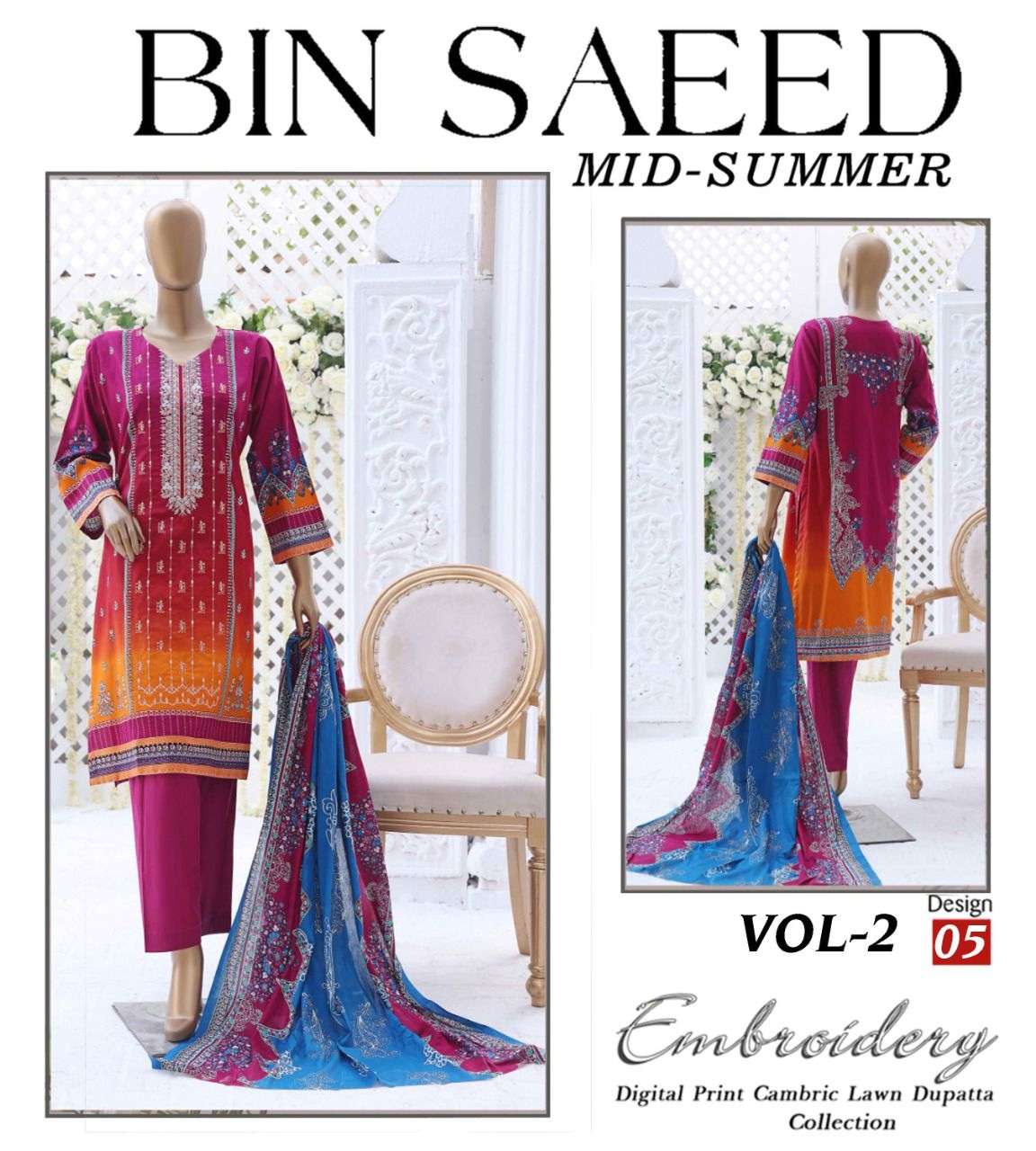 MID SUMMER VOL-2 BY BIN SAEED 01 TO 12 SERIES PAKISTANI SUITS BEAUTIFUL FANCY COLORFUL STYLISH PARTY WEAR & OCCASIONAL WEAR PURE CAMBRIC LAWN PRINT DRESSES AT WHOLESALE PRICE