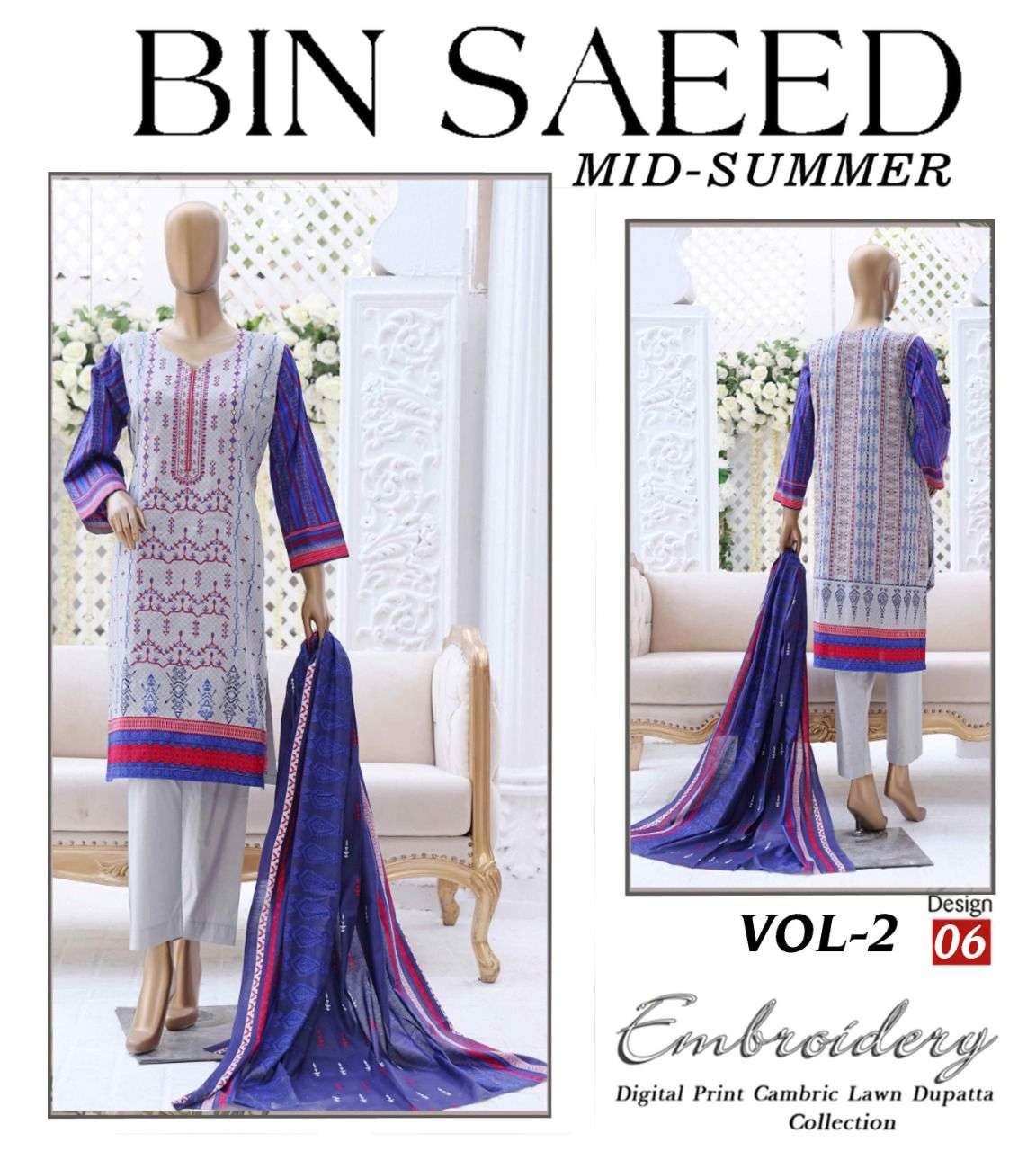 MID SUMMER VOL-2 BY BIN SAEED 01 TO 12 SERIES PAKISTANI SUITS BEAUTIFUL FANCY COLORFUL STYLISH PARTY WEAR & OCCASIONAL WEAR PURE CAMBRIC LAWN PRINT DRESSES AT WHOLESALE PRICE