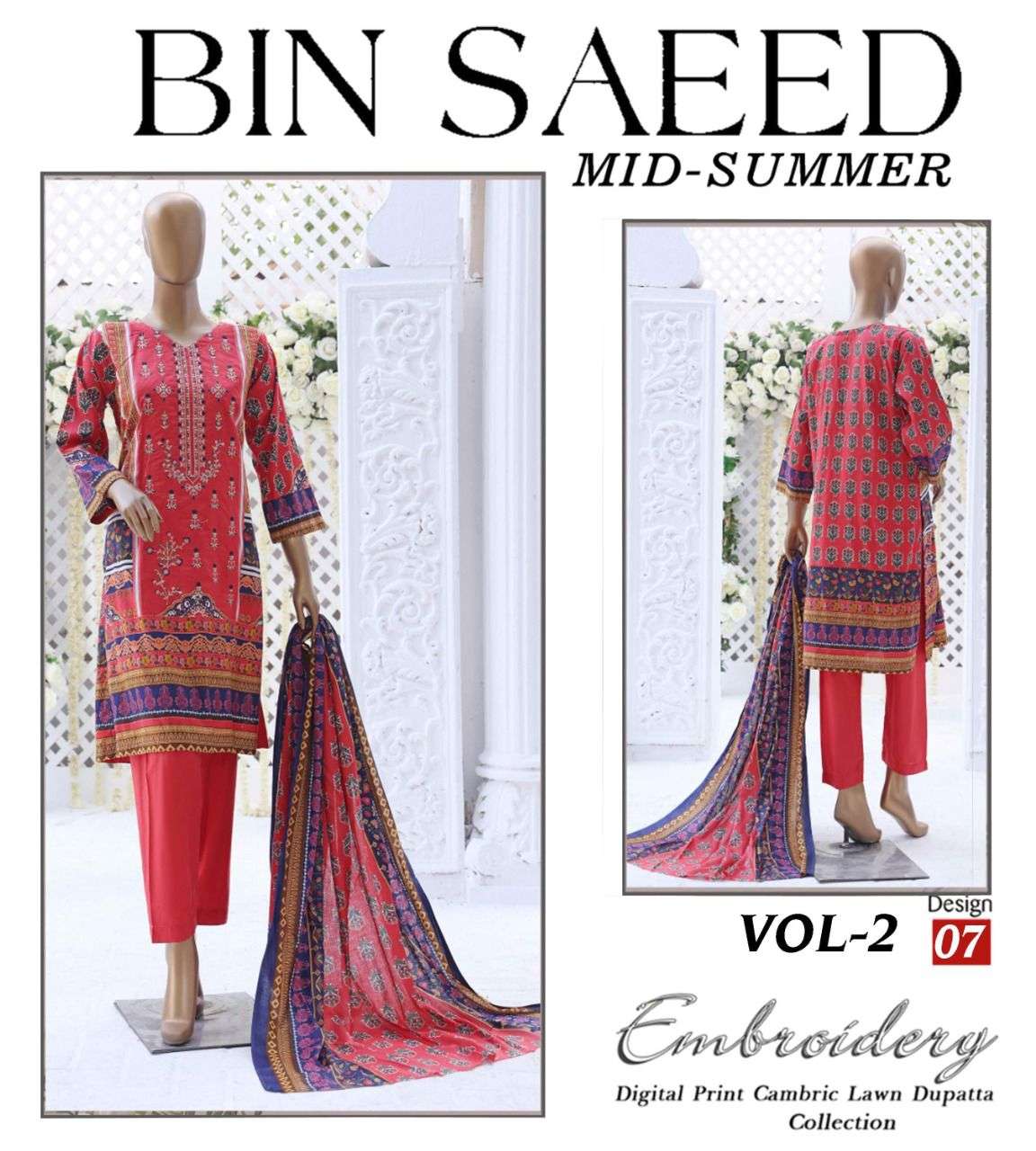 MID SUMMER VOL-2 BY BIN SAEED 01 TO 12 SERIES PAKISTANI SUITS BEAUTIFUL FANCY COLORFUL STYLISH PARTY WEAR & OCCASIONAL WEAR PURE CAMBRIC LAWN PRINT DRESSES AT WHOLESALE PRICE