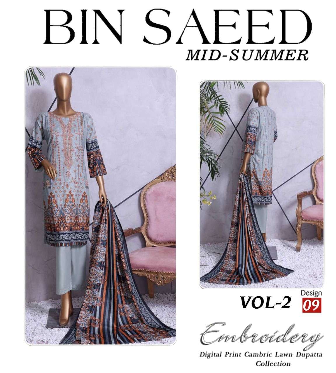 MID SUMMER VOL-2 BY BIN SAEED 01 TO 12 SERIES PAKISTANI SUITS BEAUTIFUL FANCY COLORFUL STYLISH PARTY WEAR & OCCASIONAL WEAR PURE CAMBRIC LAWN PRINT DRESSES AT WHOLESALE PRICE