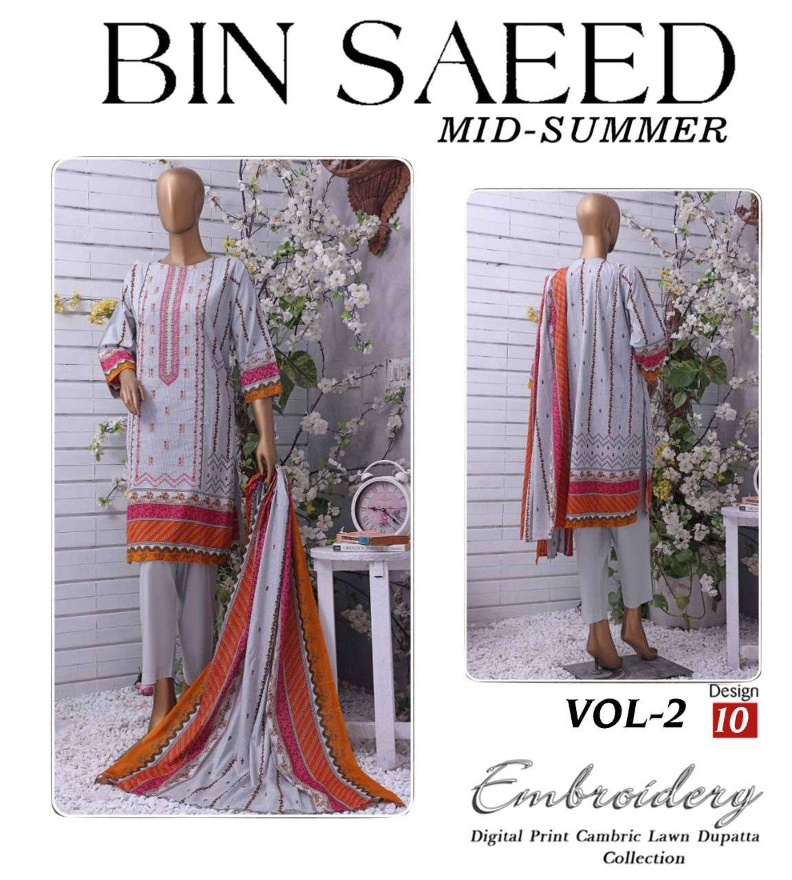 MID SUMMER VOL-2 BY BIN SAEED 01 TO 12 SERIES PAKISTANI SUITS BEAUTIFUL FANCY COLORFUL STYLISH PARTY WEAR & OCCASIONAL WEAR PURE CAMBRIC LAWN PRINT DRESSES AT WHOLESALE PRICE