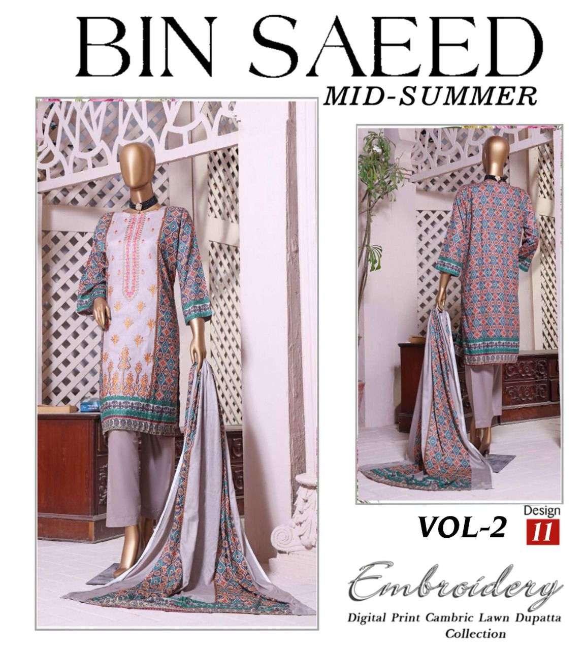 MID SUMMER VOL-2 BY BIN SAEED 01 TO 12 SERIES PAKISTANI SUITS BEAUTIFUL FANCY COLORFUL STYLISH PARTY WEAR & OCCASIONAL WEAR PURE CAMBRIC LAWN PRINT DRESSES AT WHOLESALE PRICE