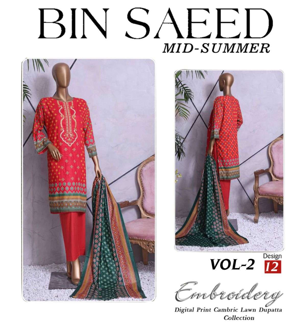 MID SUMMER VOL-2 BY BIN SAEED 01 TO 12 SERIES PAKISTANI SUITS BEAUTIFUL FANCY COLORFUL STYLISH PARTY WEAR & OCCASIONAL WEAR PURE CAMBRIC LAWN PRINT DRESSES AT WHOLESALE PRICE