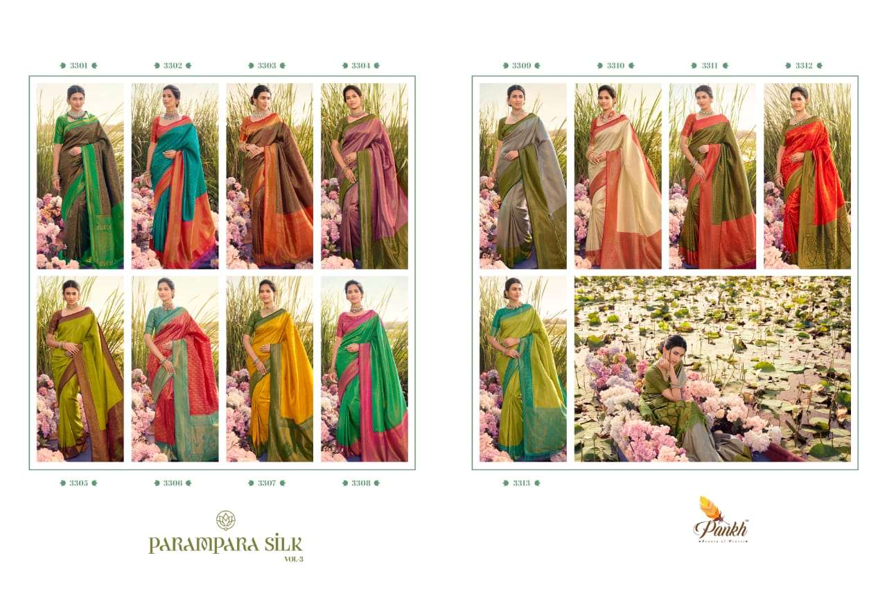Parampara Vol-3 By Pankh Creation 3301 To 3313 Series Indian Traditional Wear Collection Beautiful Stylish Fancy Colorful Party Wear & Occasional Wear Kanjivaram Silk Sarees At Wholesale Price
