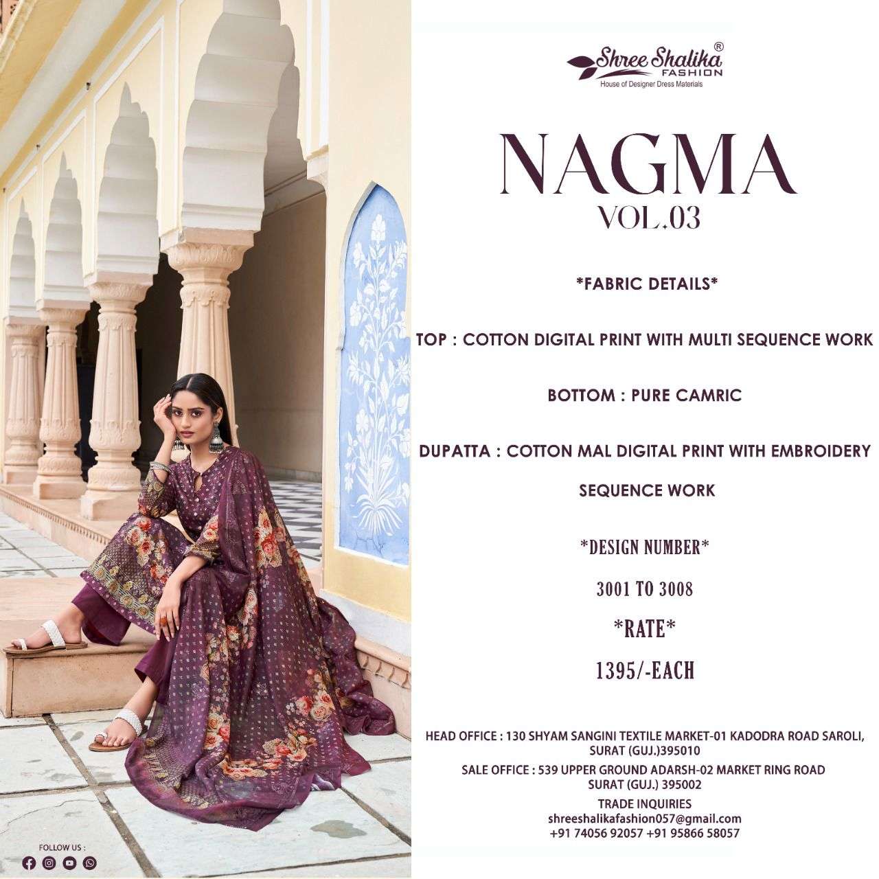 NAGMA VOL-3 BY SHREE SHALIKA FASHION 3001 TO 3008 SERIES BEAUTIFUL STYLISH ANARKALI SUITS FANCY COLORFUL CASUAL WEAR & ETHNIC WEAR & READY TO WEAR COTTON DIGITAL PRINT DRESSES AT WHOLESALE PRICE