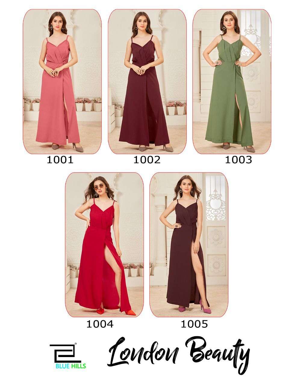LONDON BEAUTY BY BLUE HILLS 1001 TO 1005 SERIES BEAUTIFUL STYLISH FANCY COLORFUL CASUAL WEAR & ETHNIC WEAR HEAVY POLYSTER GOWN AT WHOLESALE PRICE