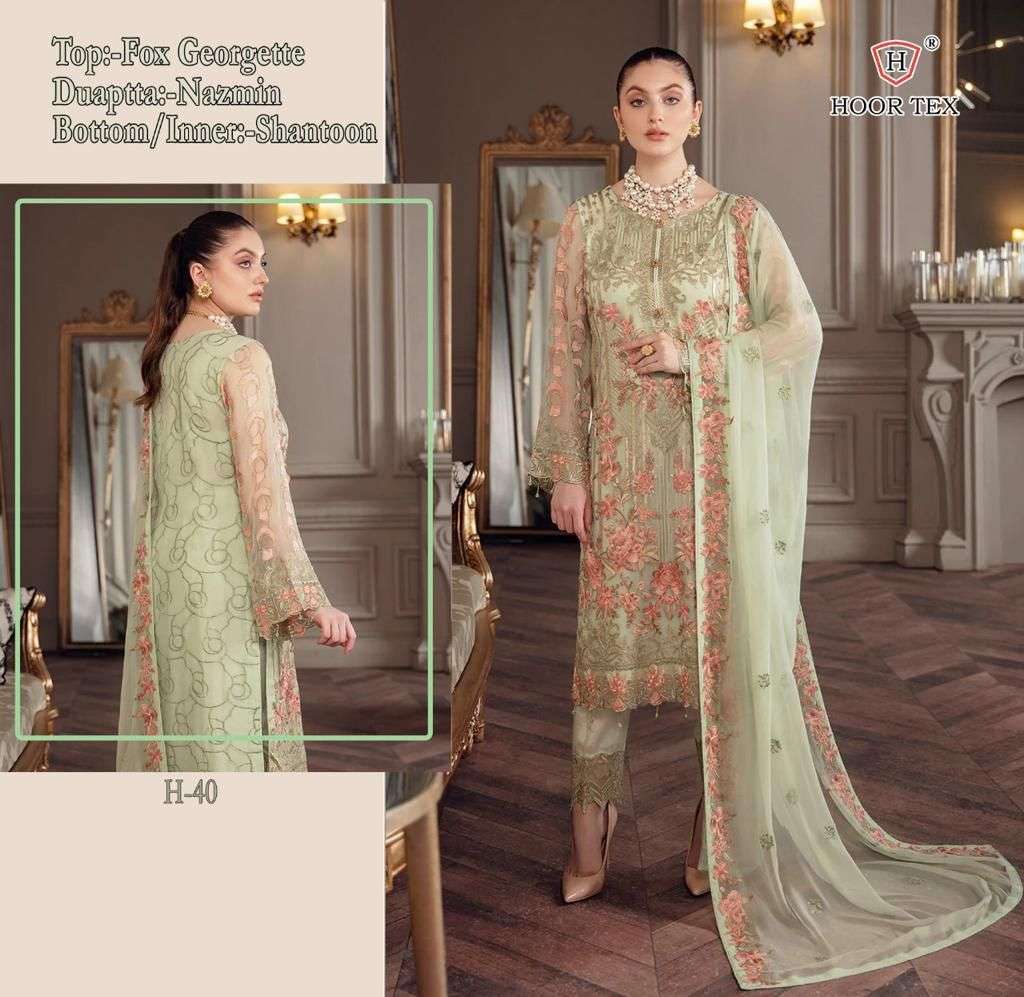 HOOR TEX HIT DESIGN H-40 BY HOOR TEX BEAUTIFUL PAKISTANI SUITS STYLISH COLORFUL FANCY CASUAL WEAR & ETHNIC WEAR HEAVY GEORGETTE EMBROIDERED DRESSES AT WHOLESALE PRICE