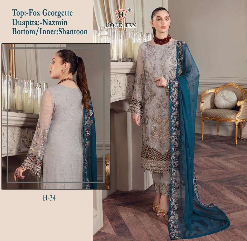 Hoor Tex Hit Design H-34 By Hoor Tex Beautiful Pakistani Suits Stylish Colorful Fancy Casual Wear & Ethnic Wear Heavy Georgette Embroidered Dresses At Wholesale Price