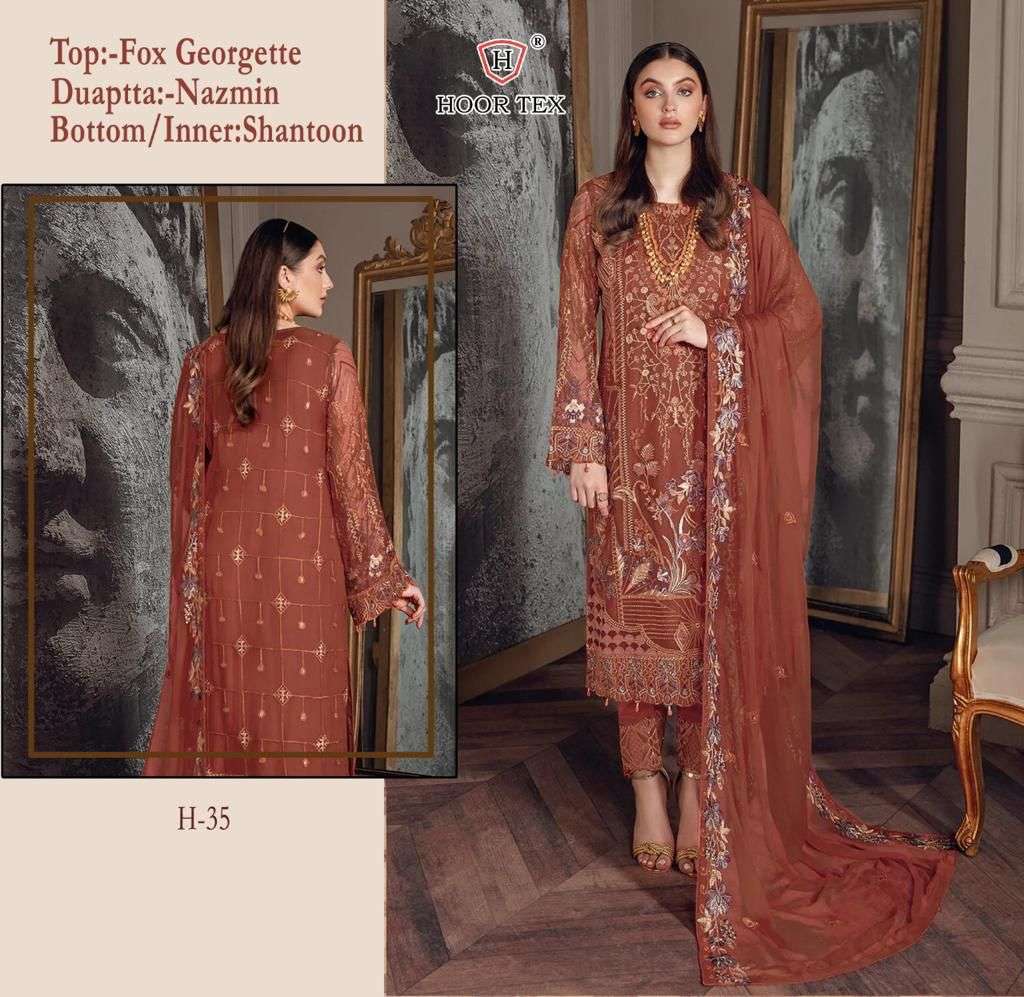 HOOR TEX HIT DESIGN H-35 BY HOOR TEX BEAUTIFUL PAKISTANI SUITS STYLISH COLORFUL FANCY CASUAL WEAR & ETHNIC WEAR HEAVY GEORGETTE EMBROIDERED DRESSES AT WHOLESALE PRICE