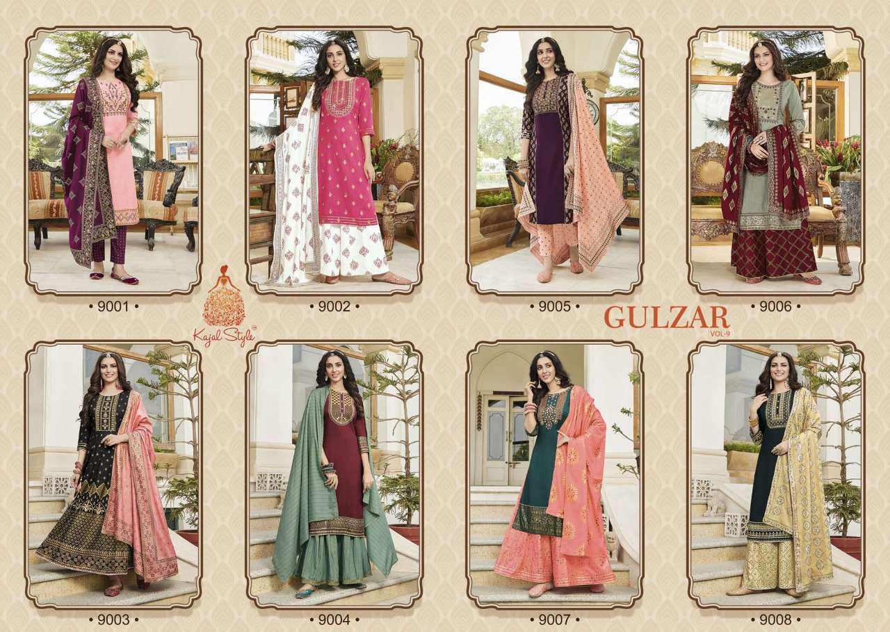 GULZAR VOL-9 BY KAJAL STYLE 9001 TO 9008 SERIES DESIGNER FESTIVE SUITS COLLECTION BEAUTIFUL STYLISH FANCY COLORFUL PARTY WEAR & OCCASIONAL WEAR HEAVY RAYON EMBROIDERED DRESSES AT WHOLESALE PRICE