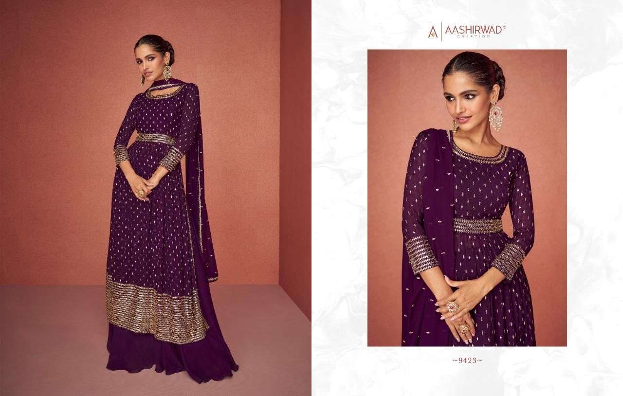 Aroma By Aashirwad Creation 9423 To 9427 Series Beautiful Stylish Suits Fancy Colorful Casual Wear & Ethnic Wear & Ready To Wear Georgette Dresses At Wholesale Price