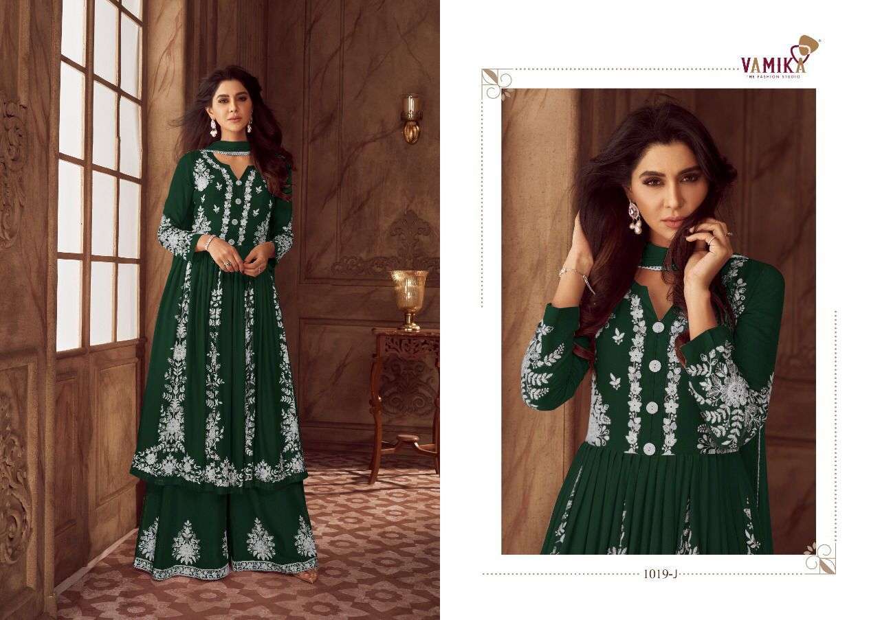 Lakhnawi Vol-4 Gold By Vamika 1019-F To 1019-J Series Beautiful Stylish Suits Fancy Colorful Casual Wear & Ethnic Wear & Ready To Wear Heavy Rayon Dresses At Wholesale Price