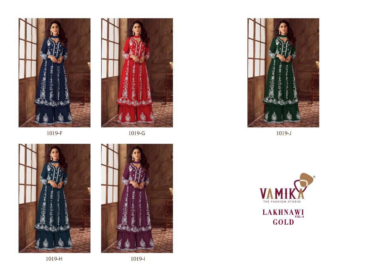 Lakhnawi Vol-4 Gold By Vamika 1019-F To 1019-J Series Beautiful Stylish Suits Fancy Colorful Casual Wear & Ethnic Wear & Ready To Wear Heavy Rayon Dresses At Wholesale Price