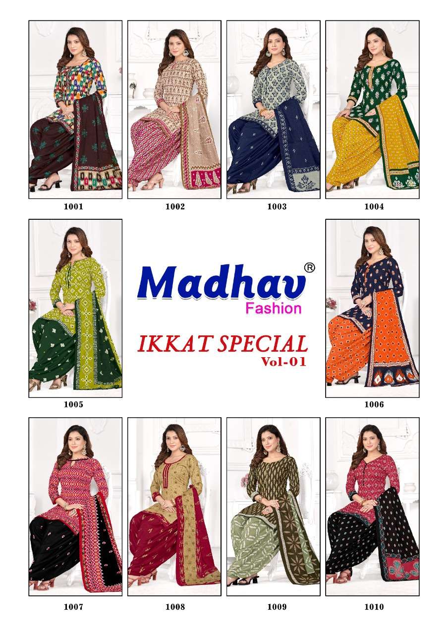IKKAT SPECIAL VOL-1 BY MADHAV FASHION 1001 TO 1010 SERIES BEAUTIFUL STYLISH SUITS FANCY COLORFUL CASUAL WEAR & ETHNIC WEAR & READY TO WEAR PURE COTTON PRINTED DRESSES AT WHOLESALE PRICE