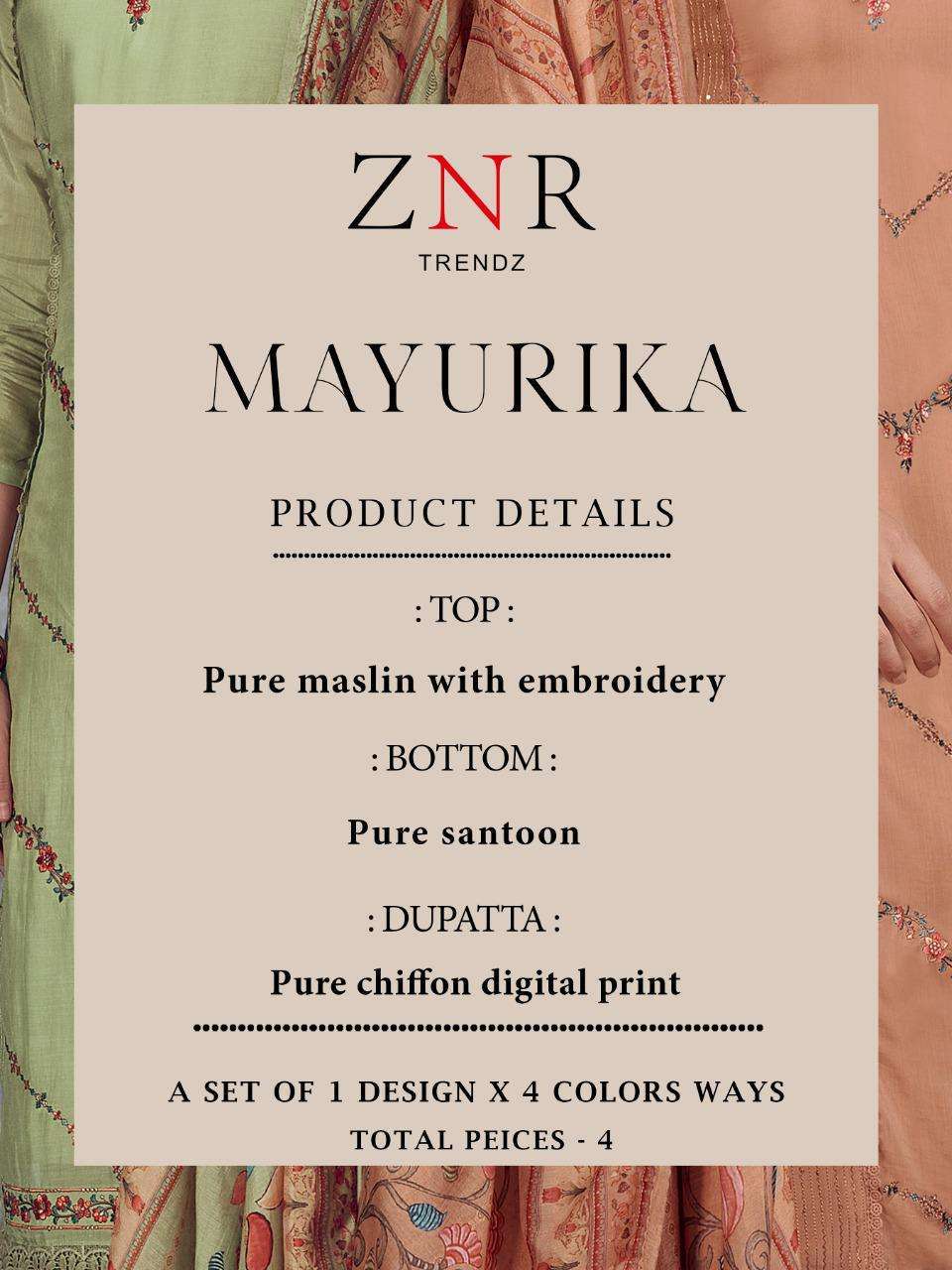 MAYURIKA BY ZNR TRENDZ A TO D SERIES BEAUTIFUL STYLISH SUITS FANCY COLORFUL CASUAL WEAR & ETHNIC WEAR & READY TO WEAR PURE MUSLIN DRESSES AT WHOLESALE PRICE