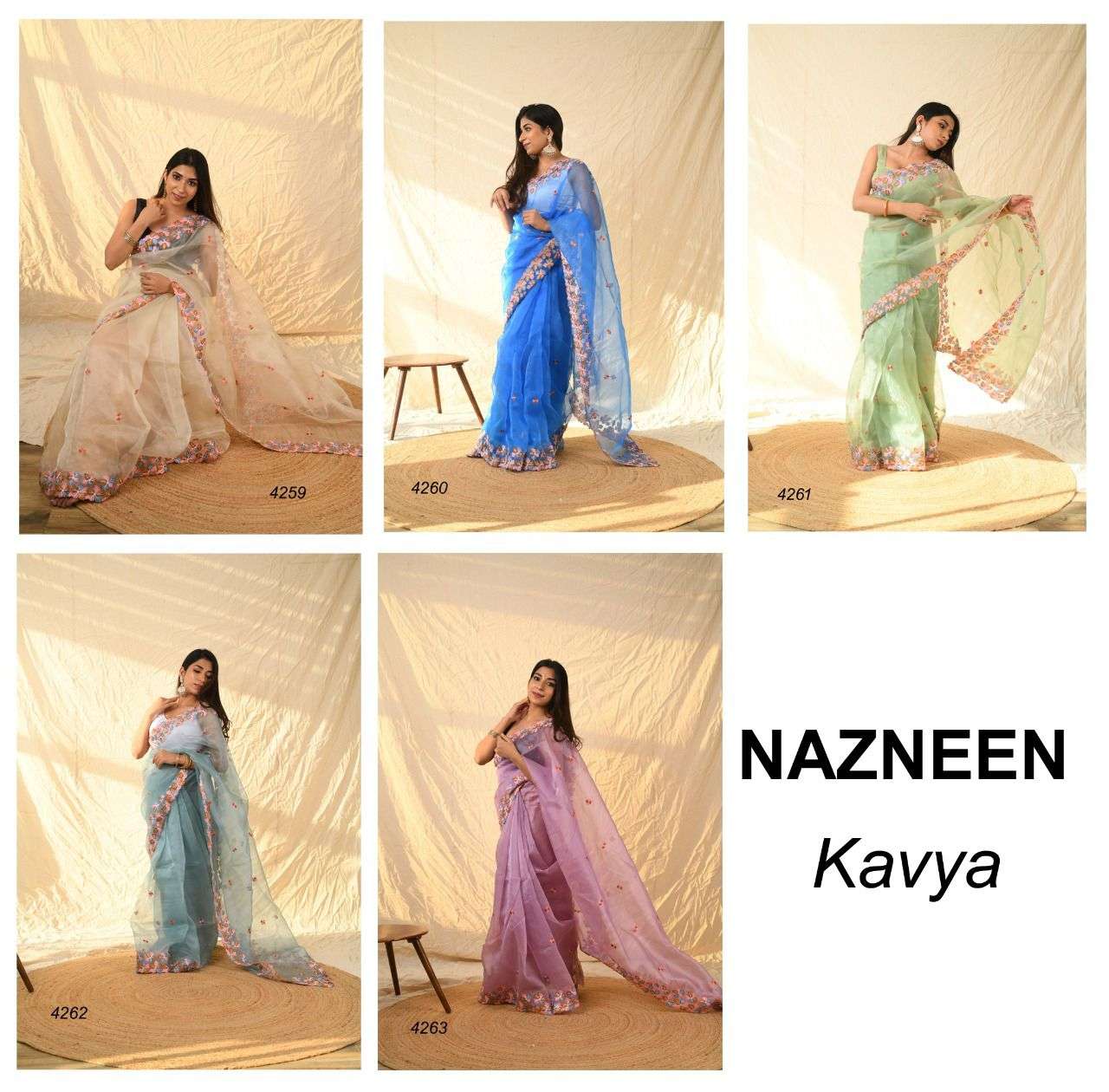KAVYA BY NAZNEEN 4259 TO 4263 SERIES INDIAN TRADITIONAL WEAR COLLECTION BEAUTIFUL STYLISH FANCY COLORFUL PARTY WEAR & OCCASIONAL WEAR ORGANZA SAREES AT WHOLESALE PRICE