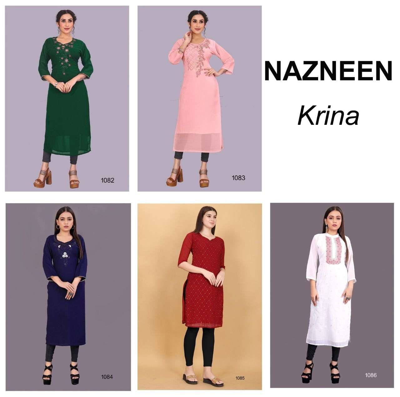 KRINA BY NAZNEEN 1082 TO 1086 SERIES DESIGNER STYLISH FANCY COLORFUL BEAUTIFUL PARTY WEAR & ETHNIC WEAR COLLECTION RAYON/GEORGETTE KURTIS AT WHOLESALE PRICE