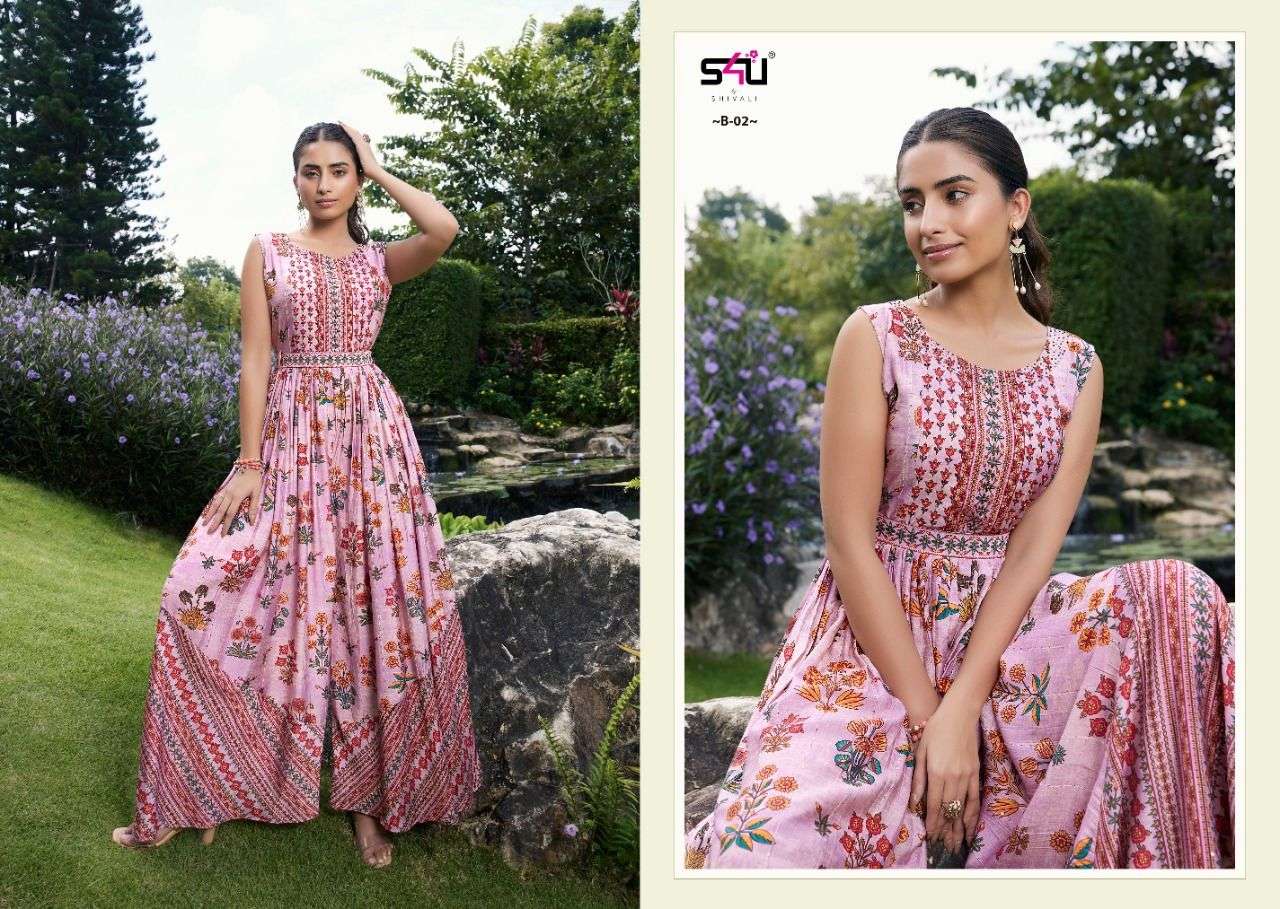 BLUSH BY S4U FASHION 01 TO 05 SERIES BEAUTIFUL STYLISH FANCY COLORFUL CASUAL WEAR & ETHNIC WEAR PURE MUSLIN PRINT GOWNS AT WHOLESALE PRICE