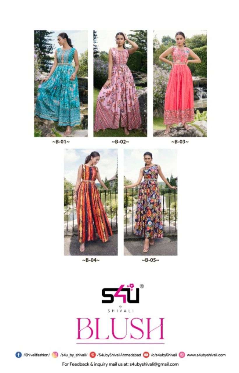 BLUSH BY S4U FASHION 01 TO 05 SERIES BEAUTIFUL STYLISH FANCY COLORFUL CASUAL WEAR & ETHNIC WEAR PURE MUSLIN PRINT GOWNS AT WHOLESALE PRICE