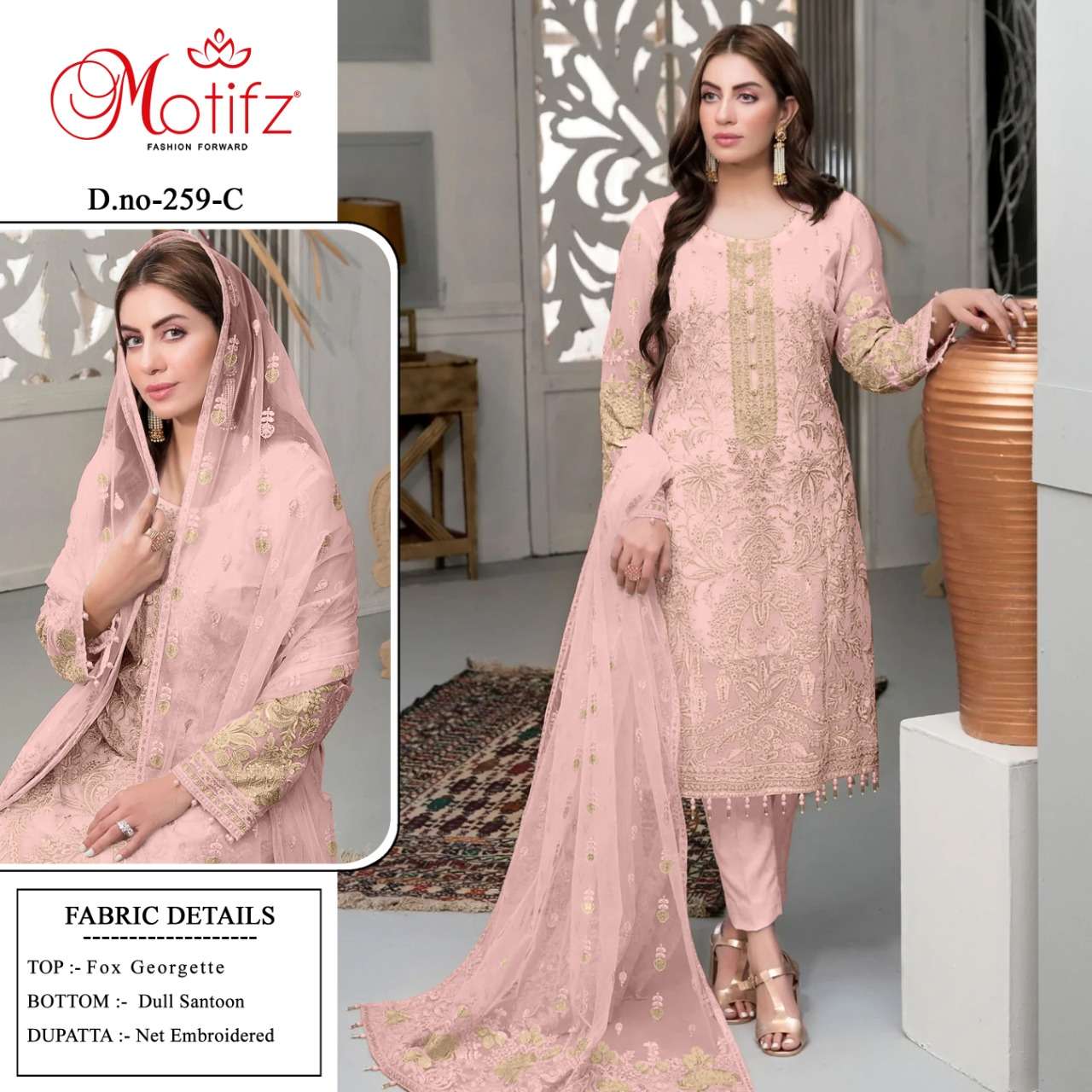 MOTIFZ HIT DESIGN 259 COLOURS BY MOTIFZ 259-A TO 259-D SERIES BEAUTIFUL PAKISTANI SUITS COLORFUL STYLISH FANCY CASUAL WEAR & ETHNIC WEAR FAUX GEORGETTE DRESSES AT WHOLESALE PRICE