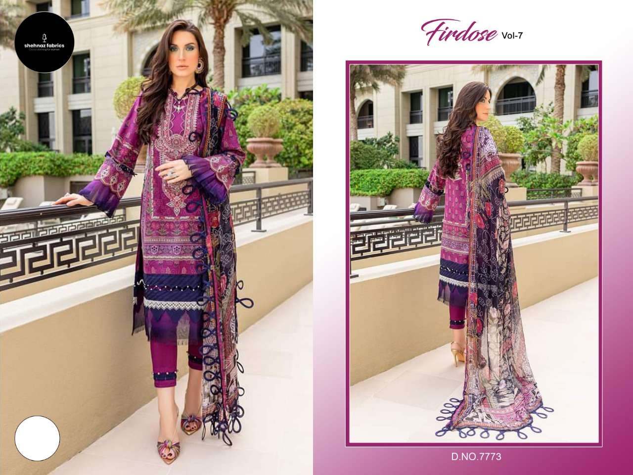 FIRDOSE VOL-7 BY SHEHNAZ 7773-A TO 7773-E SERIES BEAUTIFUL PAKISTANI SUITS COLORFUL STYLISH FANCY CASUAL WEAR & ETHNIC WEAR PURE COTTON PRINT DRESSES AT WHOLESALE PRICE