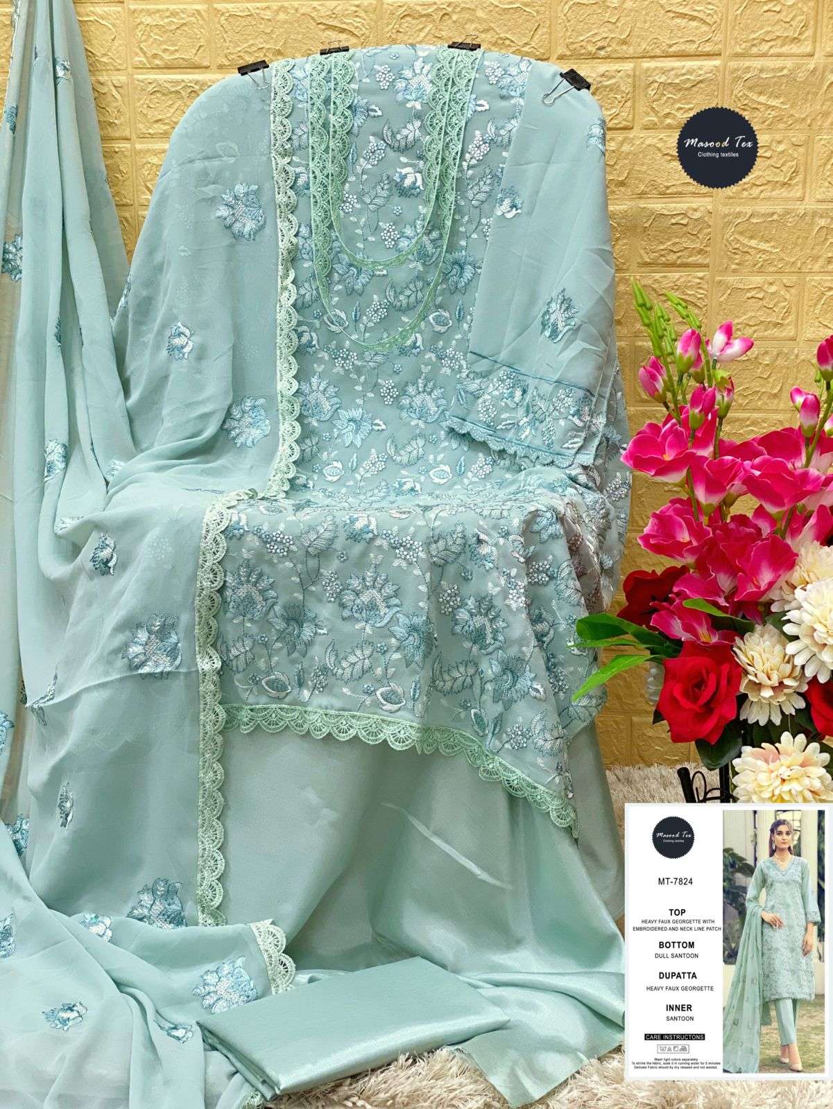 MASOOD HIT DESIGN 7824 BY MASOOD TEX BEAUTIFUL PAKISTANI SUITS COLORFUL STYLISH FANCY CASUAL WEAR & ETHNIC WEAR FAUX GEORGETTE EMBROIDERED DRESSES AT WHOLESALE PRICE