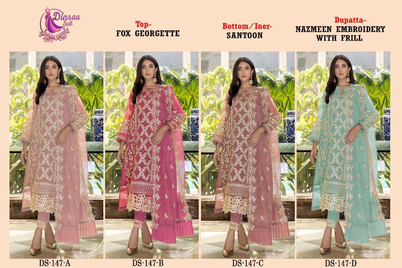 Dinsaa Hit Design 147 Colours By Dinsaa Suits 147-A To 147-D Series Beautiful Pakistani Suits Colorful Stylish Fancy Casual Wear & Ethnic Wear Heavy Faux Georgette Embroidered Dresses At Wholesale Price