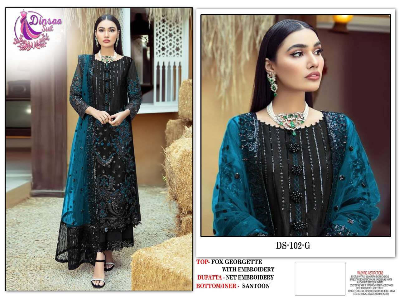 Dinsaa Hit Design 102 Colours Vol-2 By Dinsaa Suits 102-E To 102-H Series Beautiful Stylish Pakistani Suits Fancy Colorful Casual Wear & Ethnic Wear & Ready To Wear Faux Georgette Embroidered Dresses At Wholesale Price