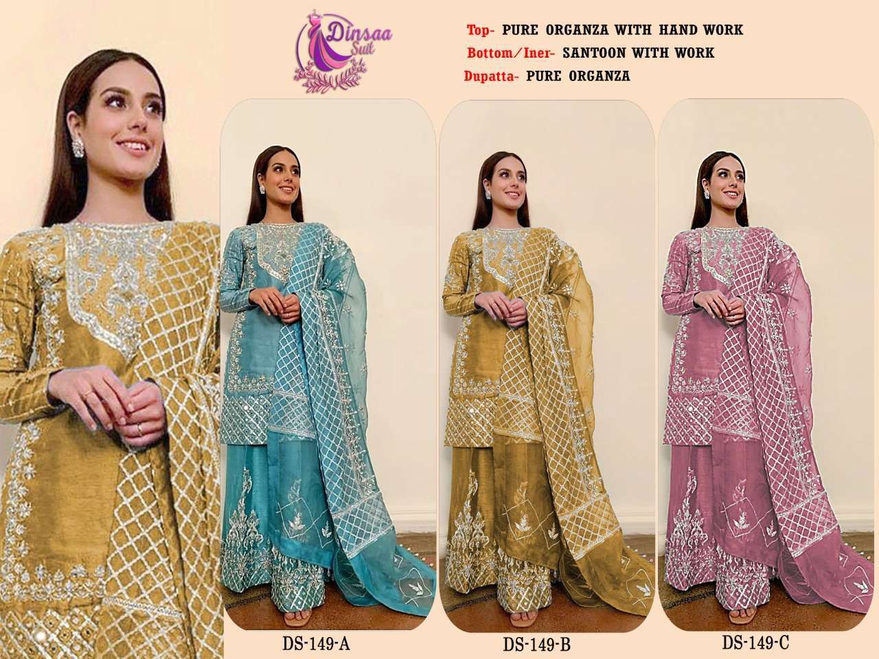 Dinsaa Hit Design 149 Colours By Dinssa Suits 149-A To 149-C Series Pakistani Suits Beautiful Fancy Colorful Stylish Party Wear & Occasional Wear Pure Organza Embroidery Dresses At Wholesale Price