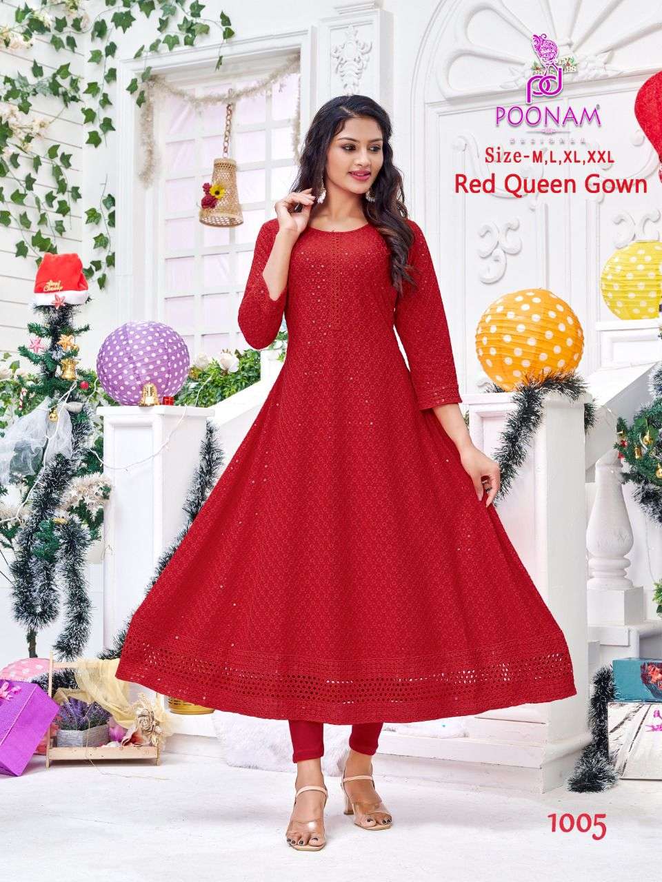 RED QUEEN GOWN BY POONAM DESIGNER 1001 TO 1006 SERIES DESIGNER STYLISH FANCY COLORFUL BEAUTIFUL PARTY WEAR & ETHNIC WEAR COLLECTION RAYON GOWN AT WHOLESALE PRICE