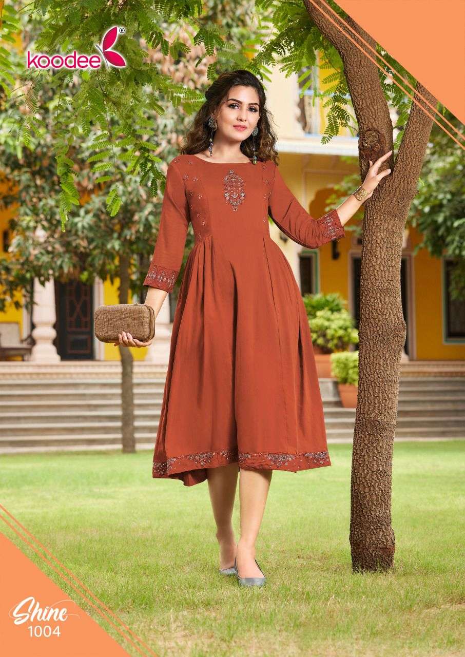 Shine By Koodee 1001 To 1004 Series Designer Stylish Fancy Colorful Beautiful Party Wear & Ethnic Wear Collection Heavy Chinnon Kurtis At Wholesale Price