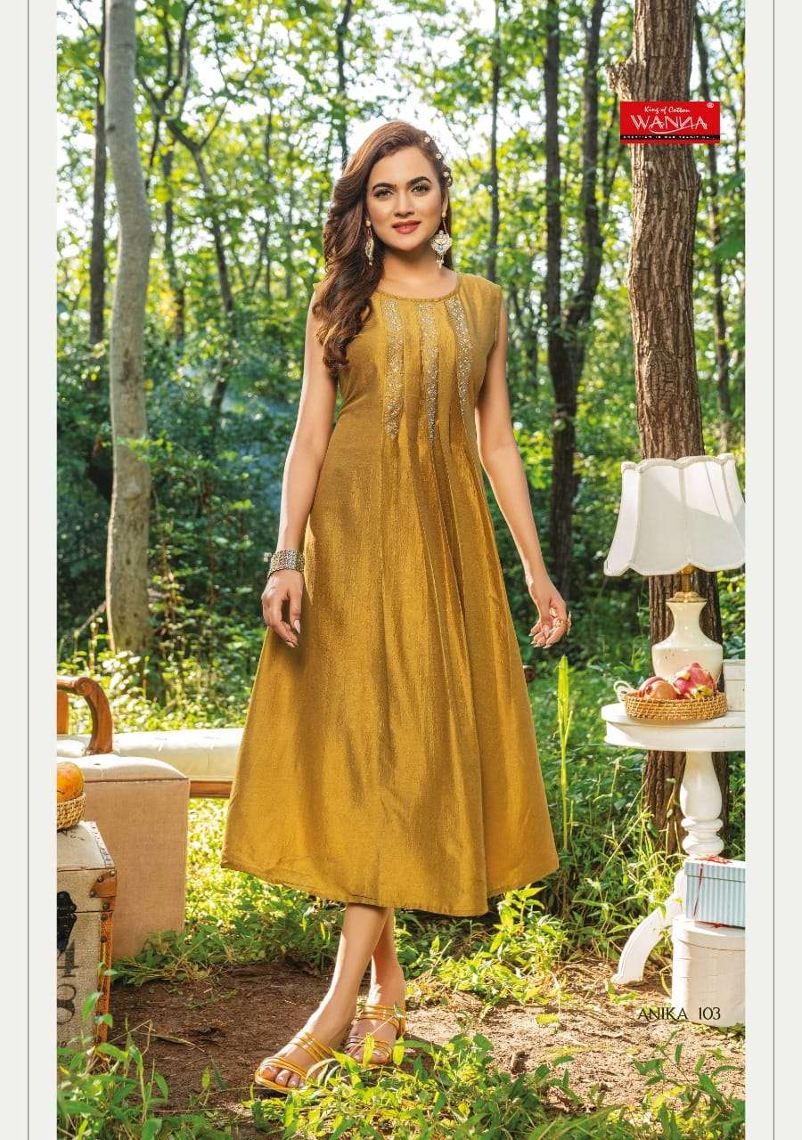 ANIKA BY WANNA 101 TO 107 SERIES DESIGNER STYLISH FANCY COLORFUL BEAUTIFUL PARTY WEAR & ETHNIC WEAR COLLECTION CHINNON SILK KURTIS AT WHOLESALE PRICE