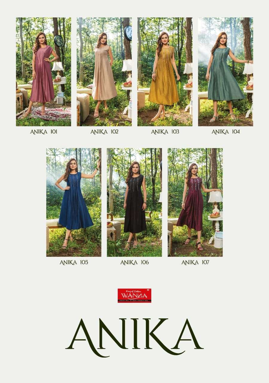 ANIKA BY WANNA 101 TO 107 SERIES DESIGNER STYLISH FANCY COLORFUL BEAUTIFUL PARTY WEAR & ETHNIC WEAR COLLECTION CHINNON SILK KURTIS AT WHOLESALE PRICE