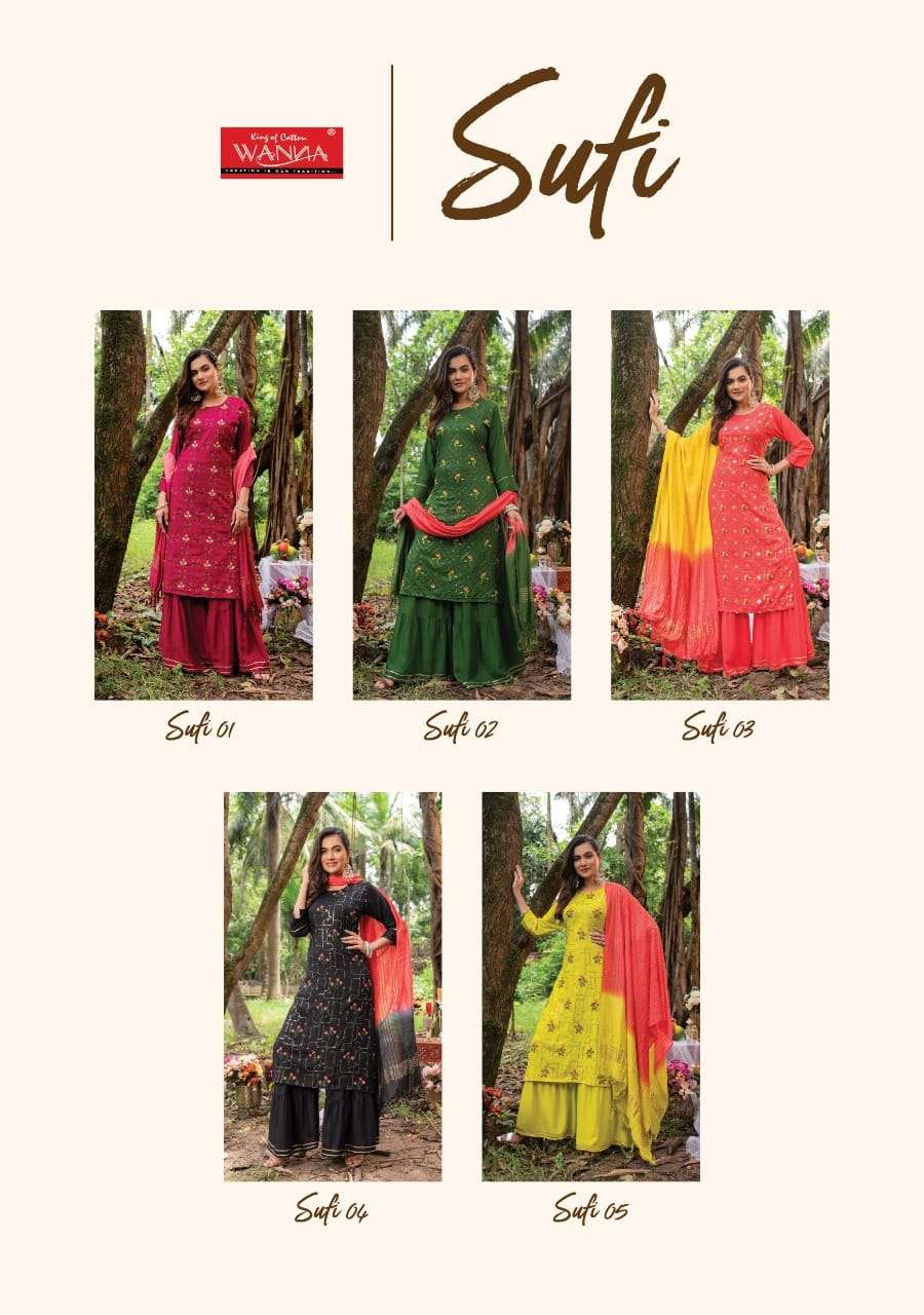 SUFI BY WANNA 01 TO 05 SERIES SHARARA SUITS BEAUTIFUL FANCY COLORFUL STYLISH PARTY WEAR & OCCASIONAL WEAR PURE RAYON DRESSES AT WHOLESALE PRICE