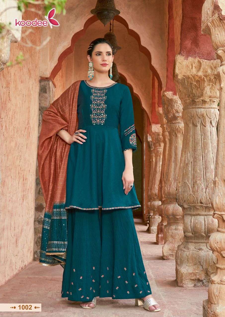 Gulabo Vol-3 By Koodee 1001 To 1006 Series Beautiful Sharara Suits Colorful Stylish Fancy Casual Wear & Ethnic Wear Viscose Strip Dresses At Wholesale Price