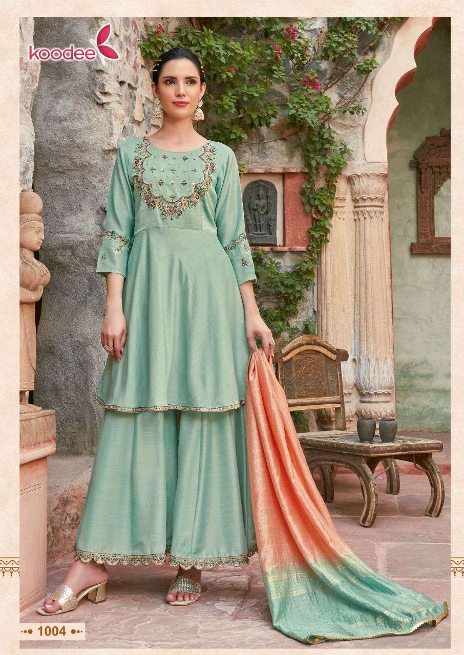 Gulabo Vol-3 By Koodee 1001 To 1006 Series Beautiful Sharara Suits Colorful Stylish Fancy Casual Wear & Ethnic Wear Viscose Strip Dresses At Wholesale Price