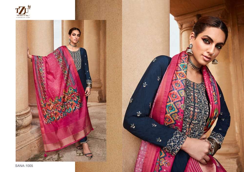 SANA BY TZU 1001 TO 1006 SERIES FESTIVE TRADITIONAL WEAR COLLECTION BEAUTIFUL STYLISH FANCY COLORFUL PARTY WEAR & OCCASIONAL WEAR SILK EMBROIDERED DRESSES AT WHOLESALE PRICE