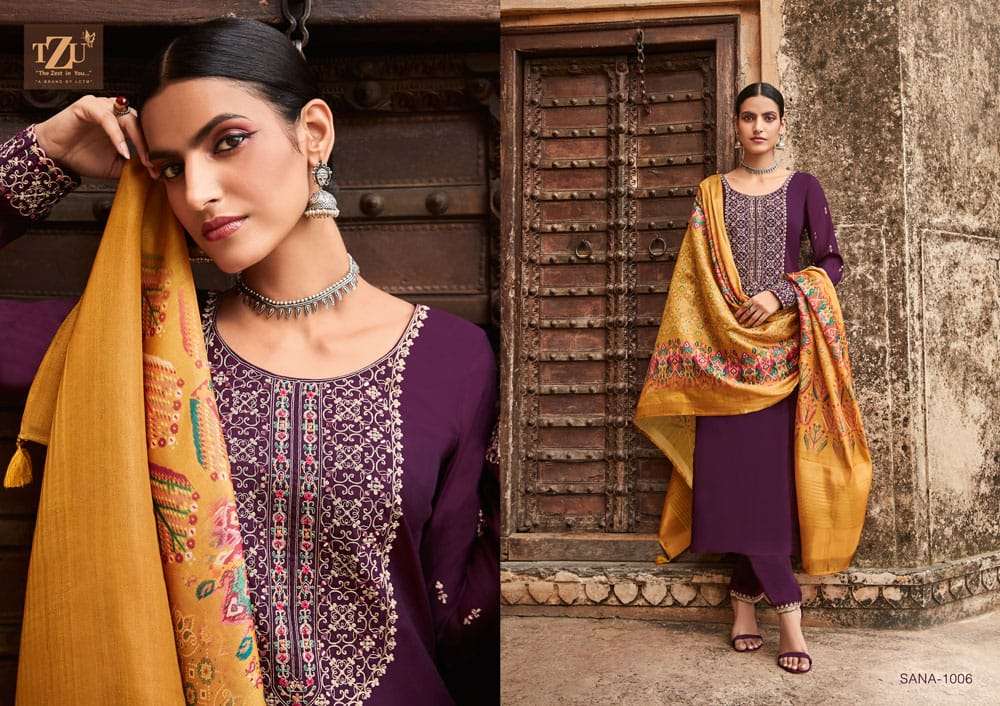 SANA BY TZU 1001 TO 1006 SERIES FESTIVE TRADITIONAL WEAR COLLECTION BEAUTIFUL STYLISH FANCY COLORFUL PARTY WEAR & OCCASIONAL WEAR SILK EMBROIDERED DRESSES AT WHOLESALE PRICE